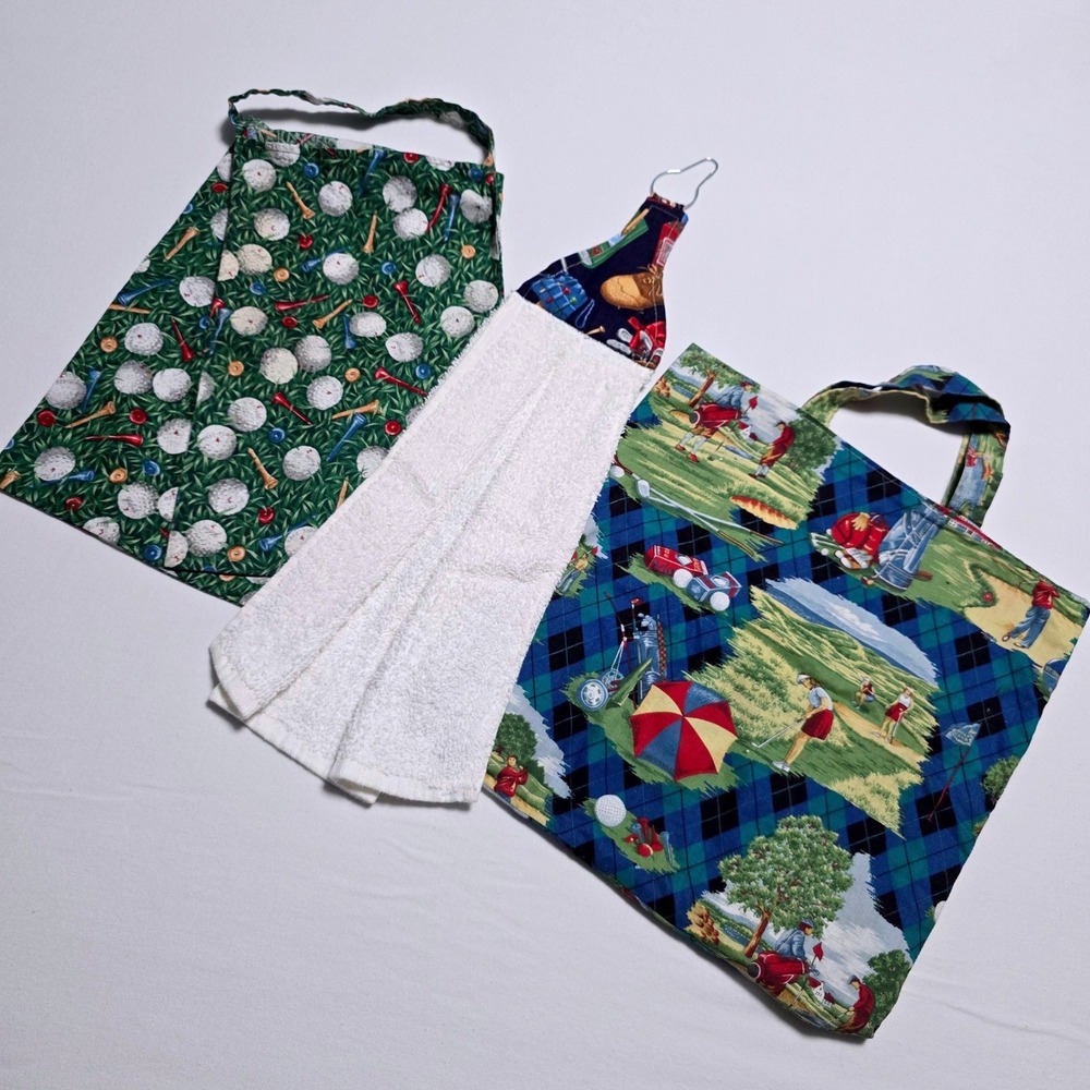 Vintage Handmade Golf Accessory Set Tote Cart Bag Towel 3 Pc Golfer Gift